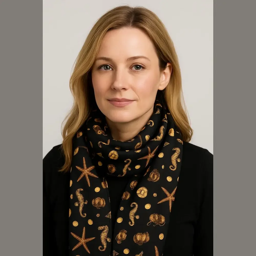Apexx Collection Seashell Print Scarf Black and Gold 22.5 x 11.5